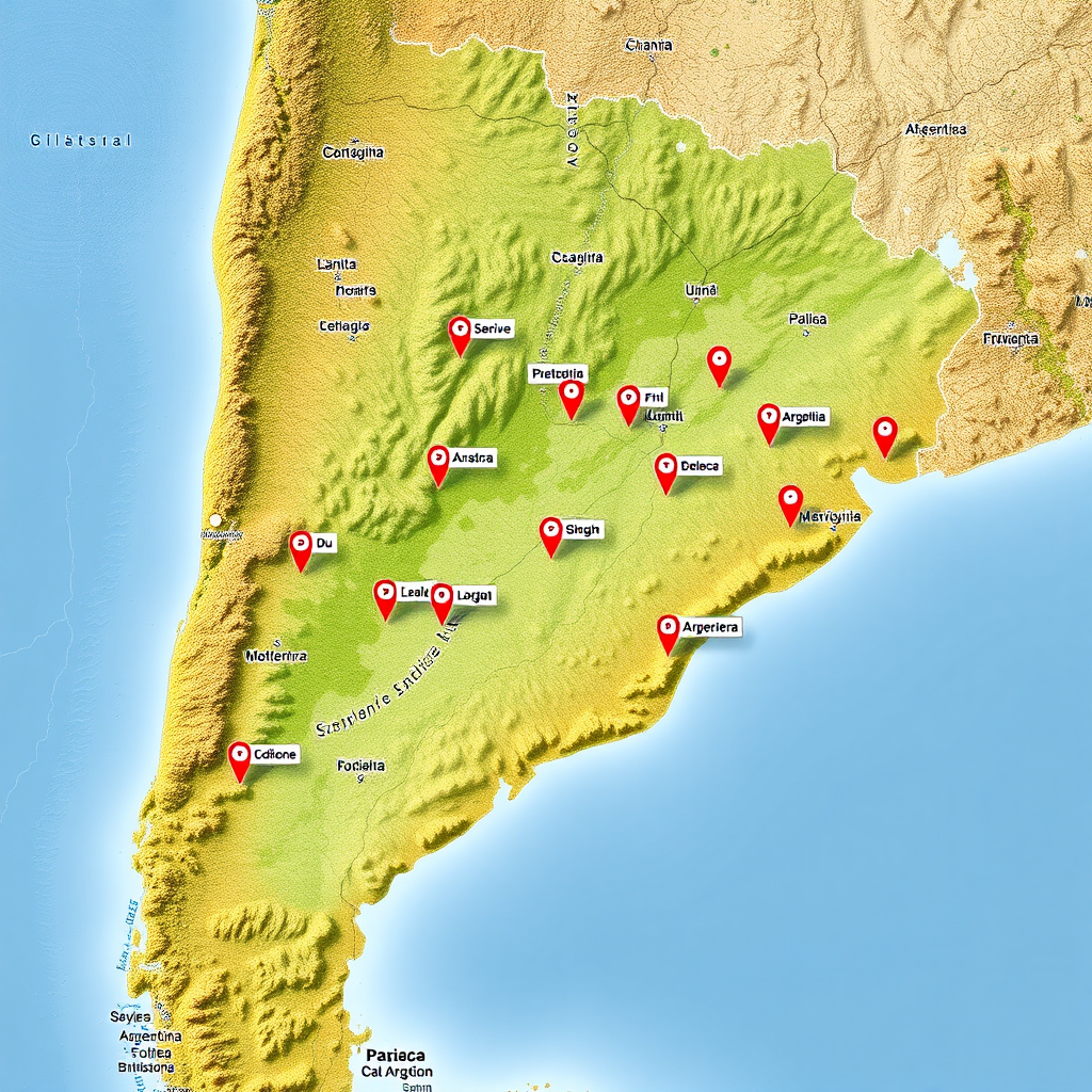 Mapa de Argentina mostrando ubicaciones de estaciones de servicio y puntos de carga distribuidos por todo el país