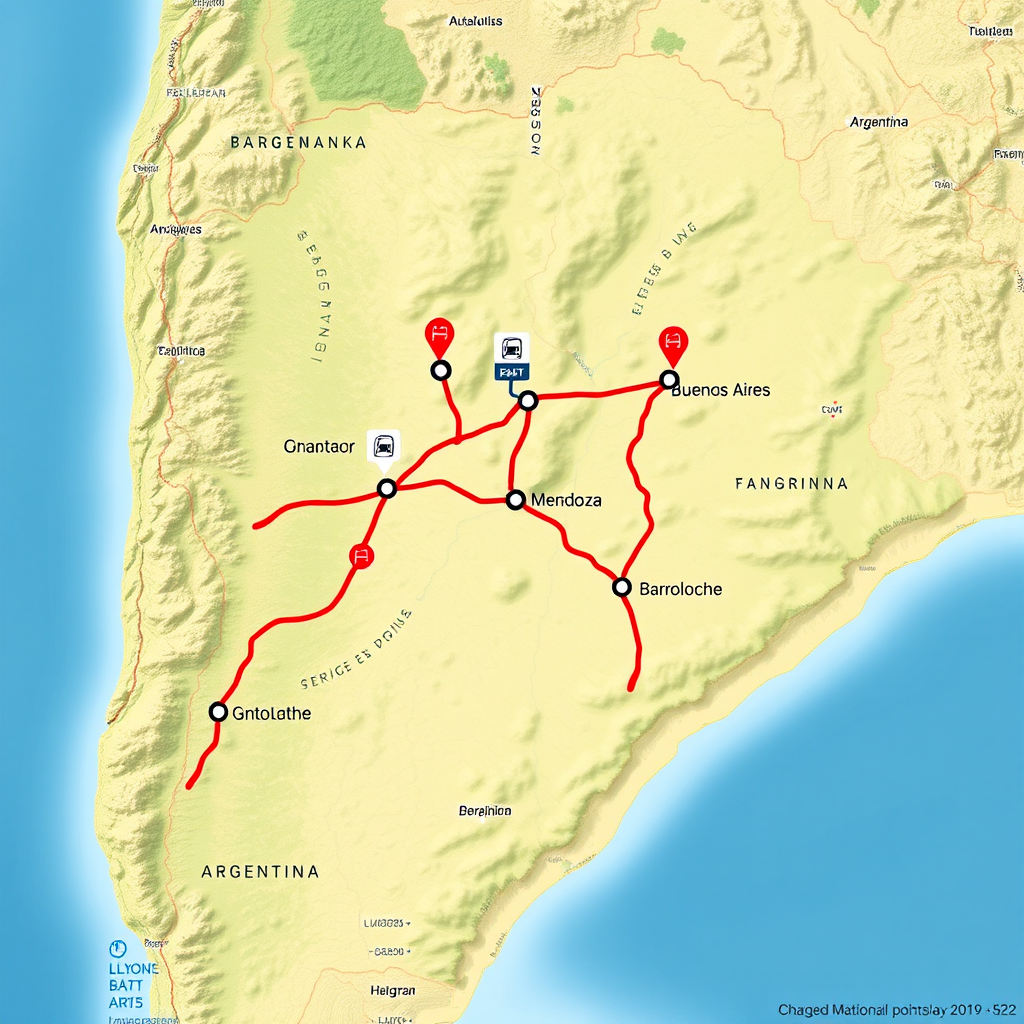 Mapa detallado de Argentina mostrando las principales rutas nacionales con estaciones de servicio estratégicamente ubicadas entre Buenos Aires, Mendoza y Bariloche, incluyendo iconos de gas stations y puntos de recarga para vehículos eléctricos