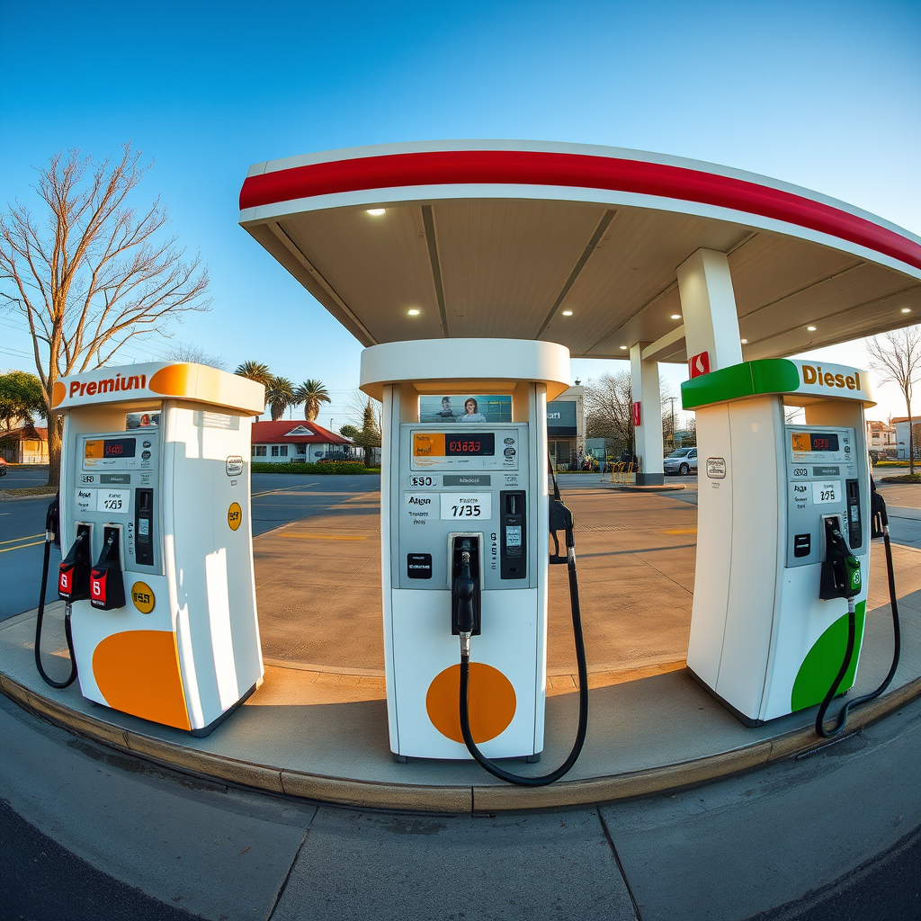 Vista panorámica de una estación de servicio argentina moderna mostrando diferentes tipos de combustible con surtidores etiquetados para nafta regular, premium y diésel, con precios visibles en pesos argentinos