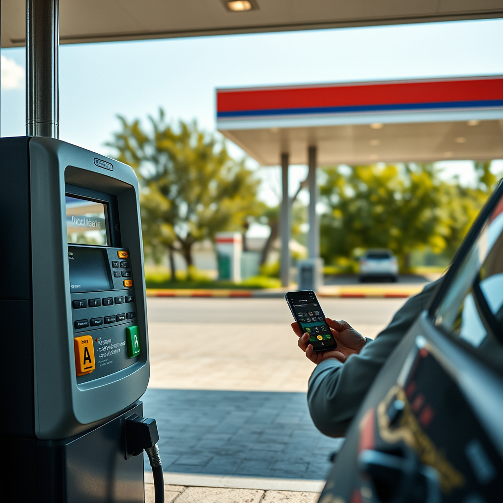 Moderna estación de servicio argentina con terminal de pago digital y conductor usando smartphone para pagar combustible