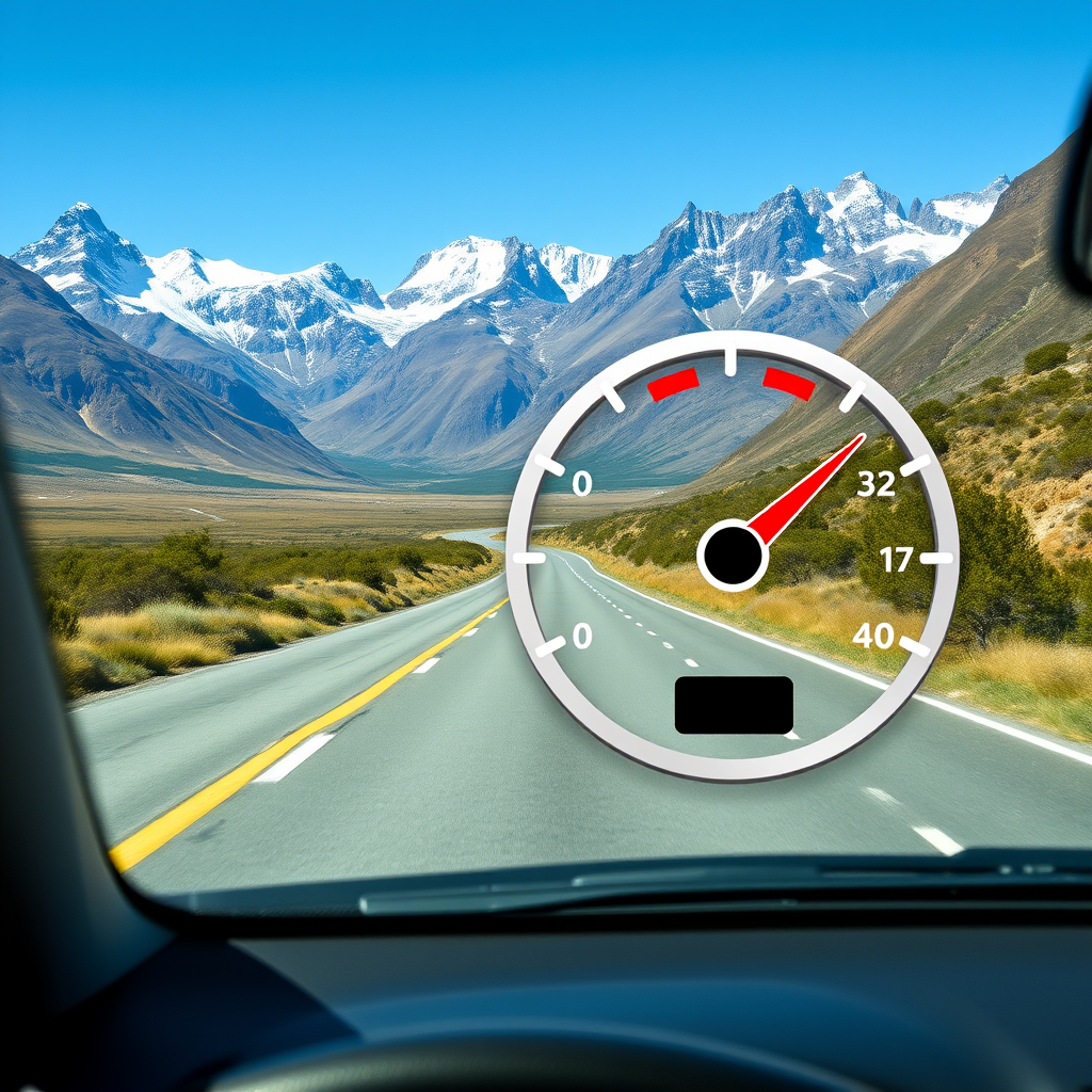 Automóvil conduciendo por una ruta escénica argentina con montañas patagónicas de fondo y un indicador de combustible superpuesto mostrando eficiencia
