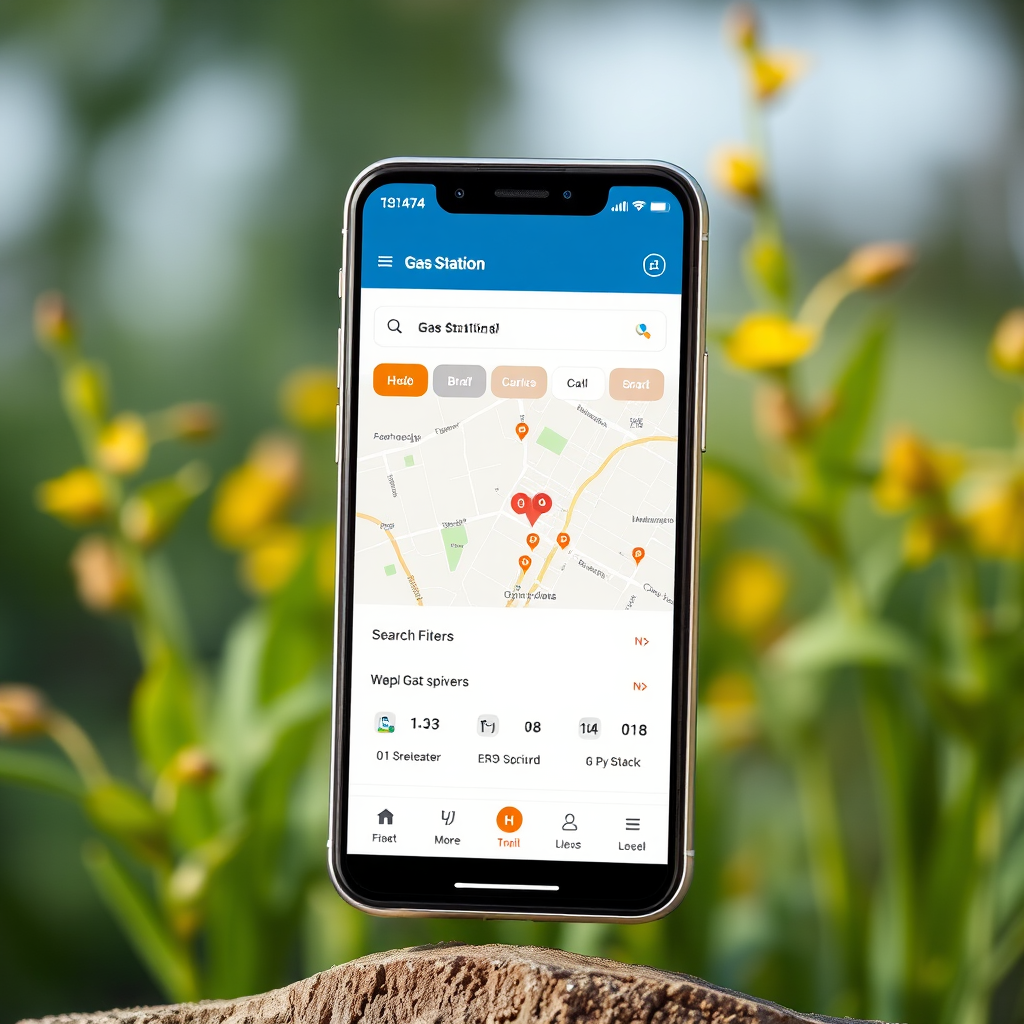 Interfaz móvil moderna mostrando la aplicación de búsqueda de estaciones de servicio con mapa interactivo y filtros de búsqueda