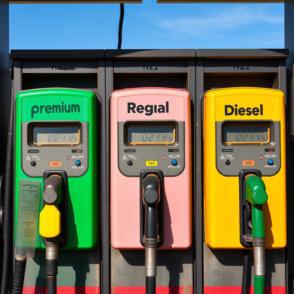 Surtidores de gasolina mostrando diferentes tipos de combustible disponibles en estaciones de servicio argentinas: premium, regular y diesel