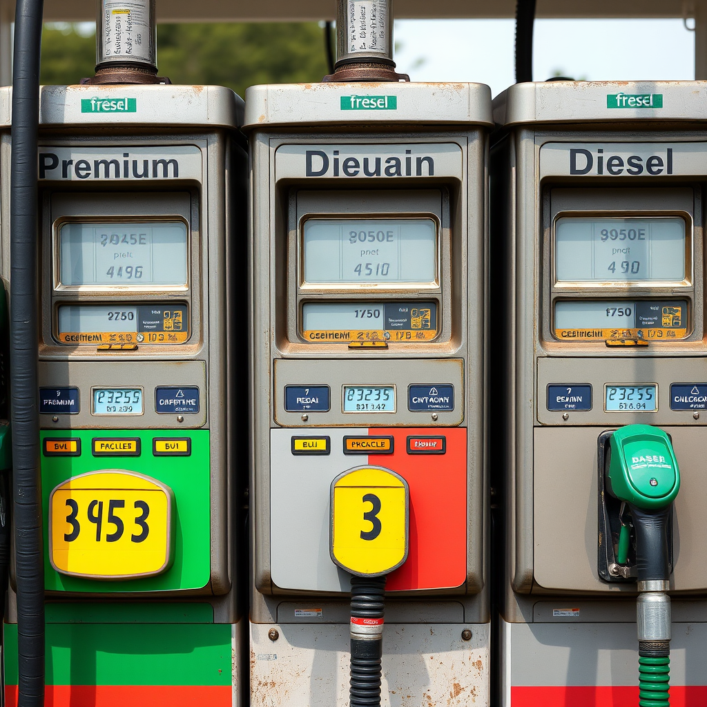 Surtidores de gasolina mostrando diferentes tipos de combustible: premium, regular y diesel con etiquetas claras y precios