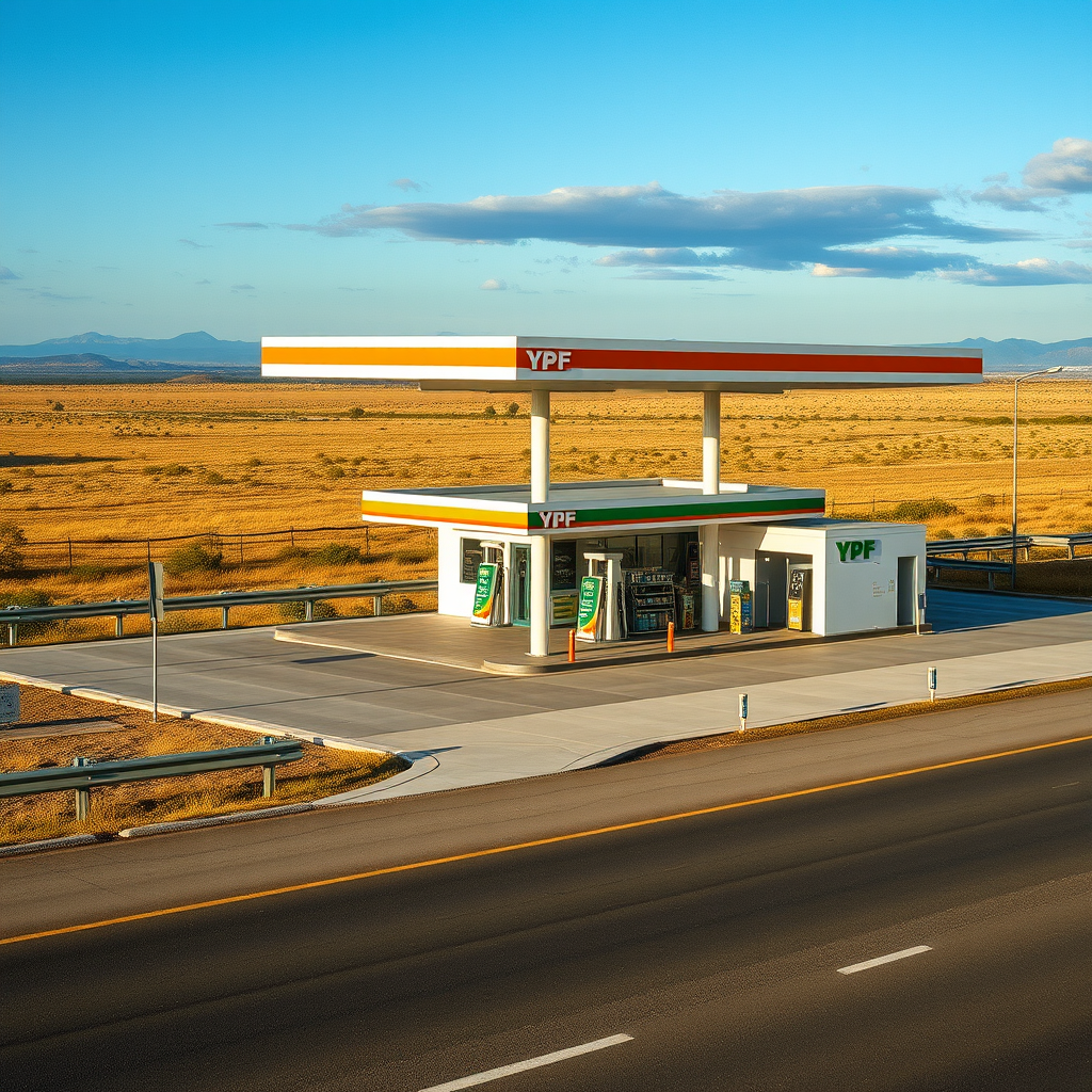 Estación de servicio YPF moderna en una ruta argentina con múltiples surtidores de combustible, tienda de conveniencia y área de descanso para viajeros, rodeada del paisaje típico de la pampa argentina