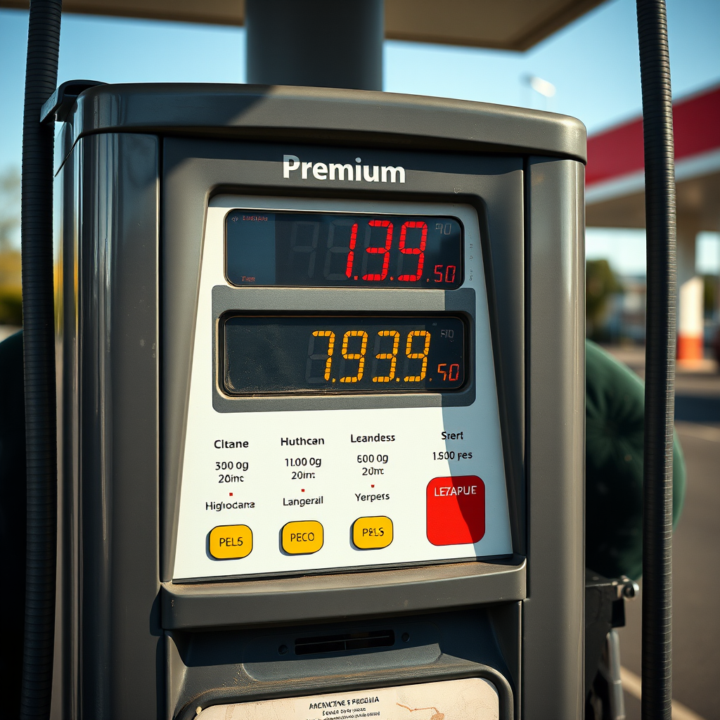 Surtidor de nafta premium en una estación de servicio argentina con display digital mostrando precio por litro y características del combustible de alto octanaje