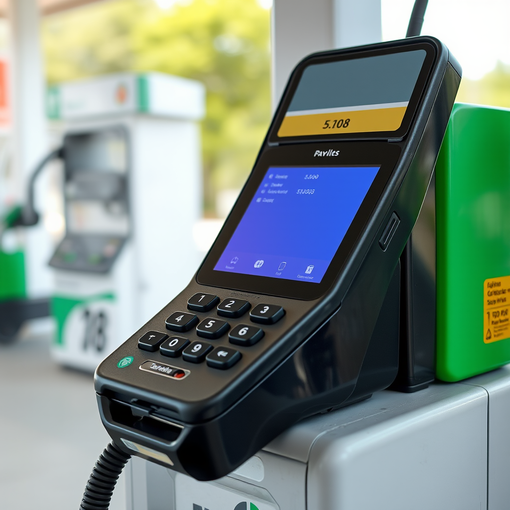 Terminal de pago contactless en estación de servicio argentina mostrando opciones de pago digital