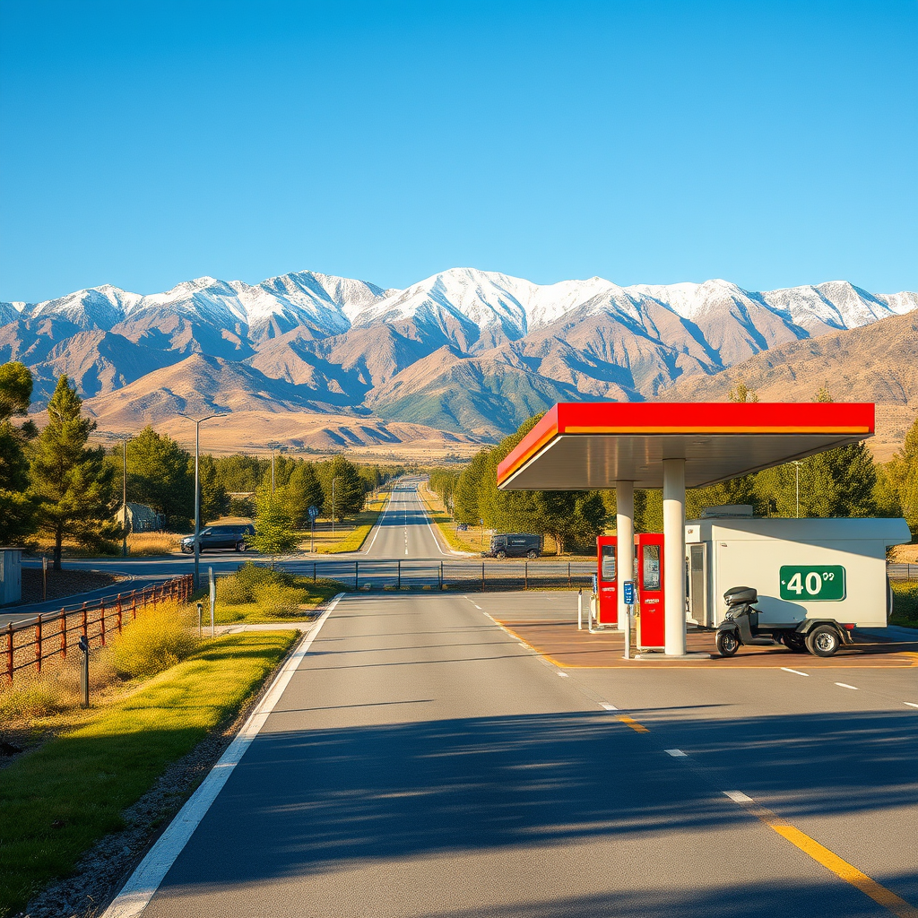 Estación de servicio en la Ruta 40 con vista a la cordillera de los Andes, instalaciones modernas y área de descanso para viajeros