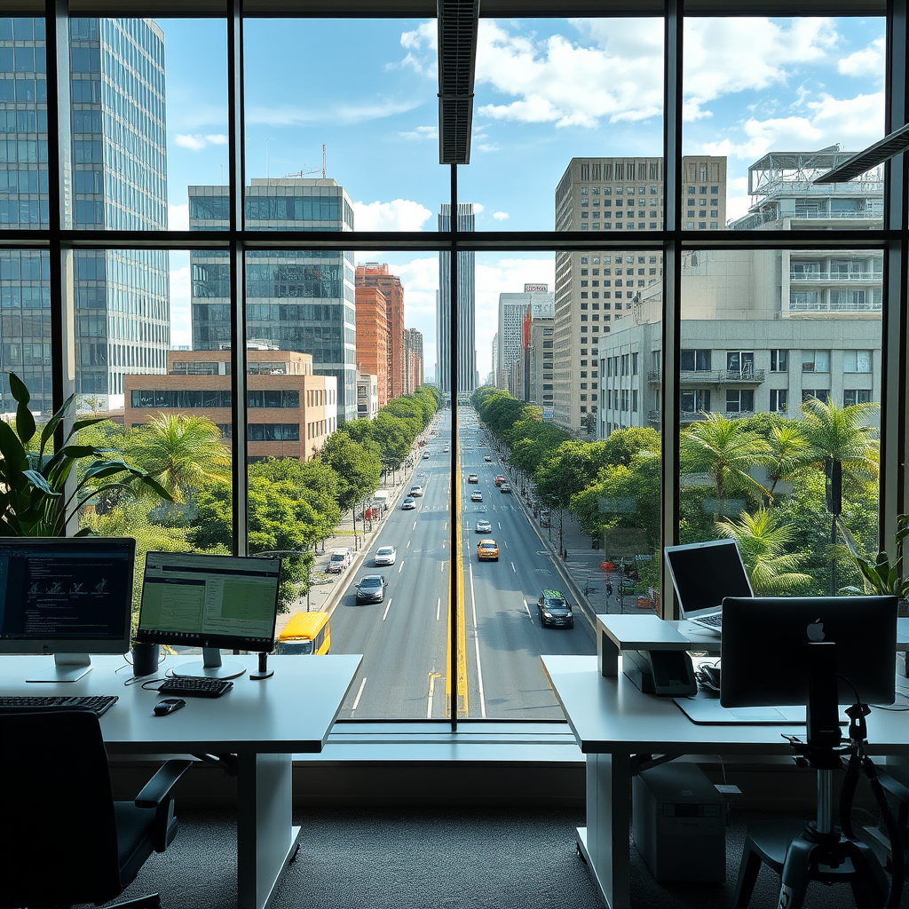 Oficina moderna en Buenos Aires con vista a la Avenida Santa Fe, mostrando un ambiente de trabajo tecnológico y profesional