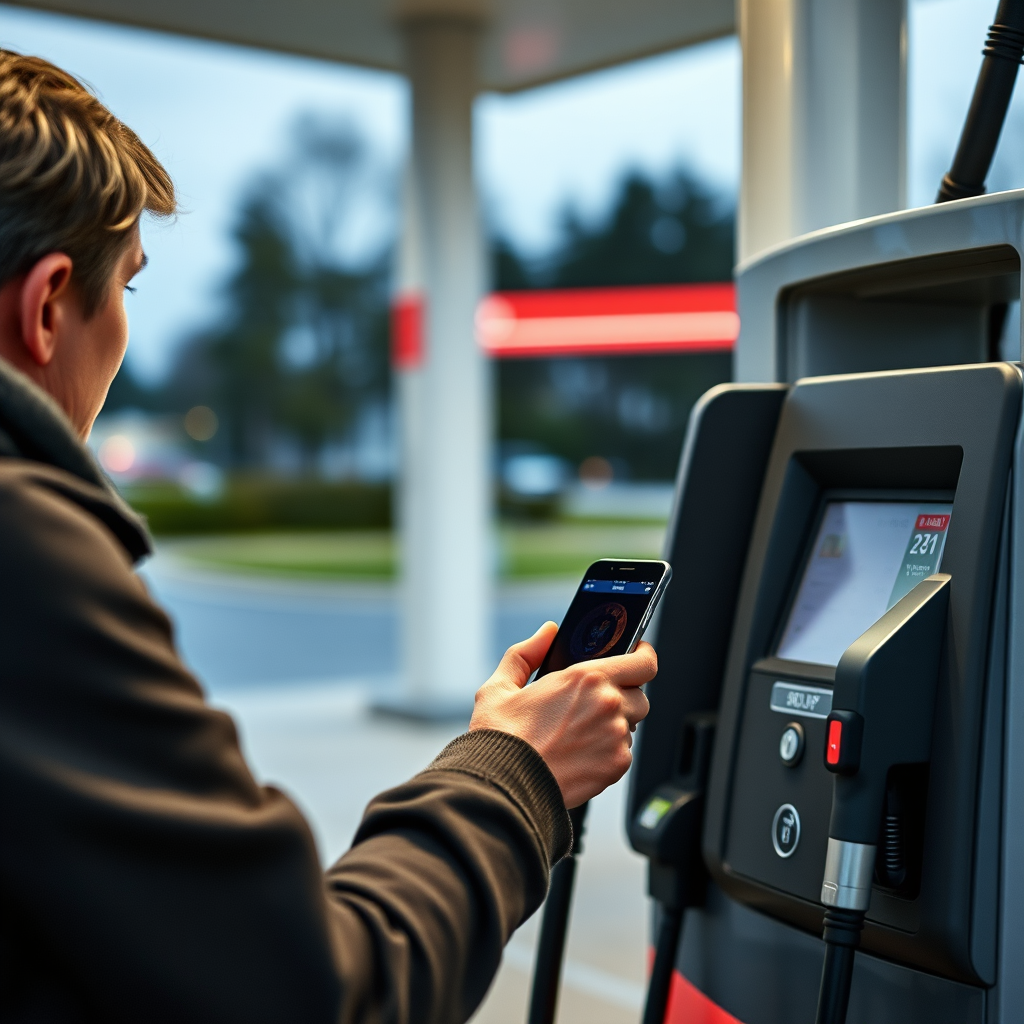 Persona usando smartphone para pagar combustible en una estación de servicio moderna con terminal de pago contactless