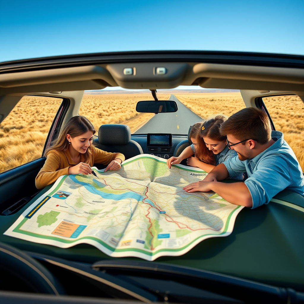 Familia argentina planificando su viaje por carretera con un mapa extendido sobre el capó de su automóvil, marcando estaciones de servicio y rutas, con el paisaje de la pampa argentina de fondo