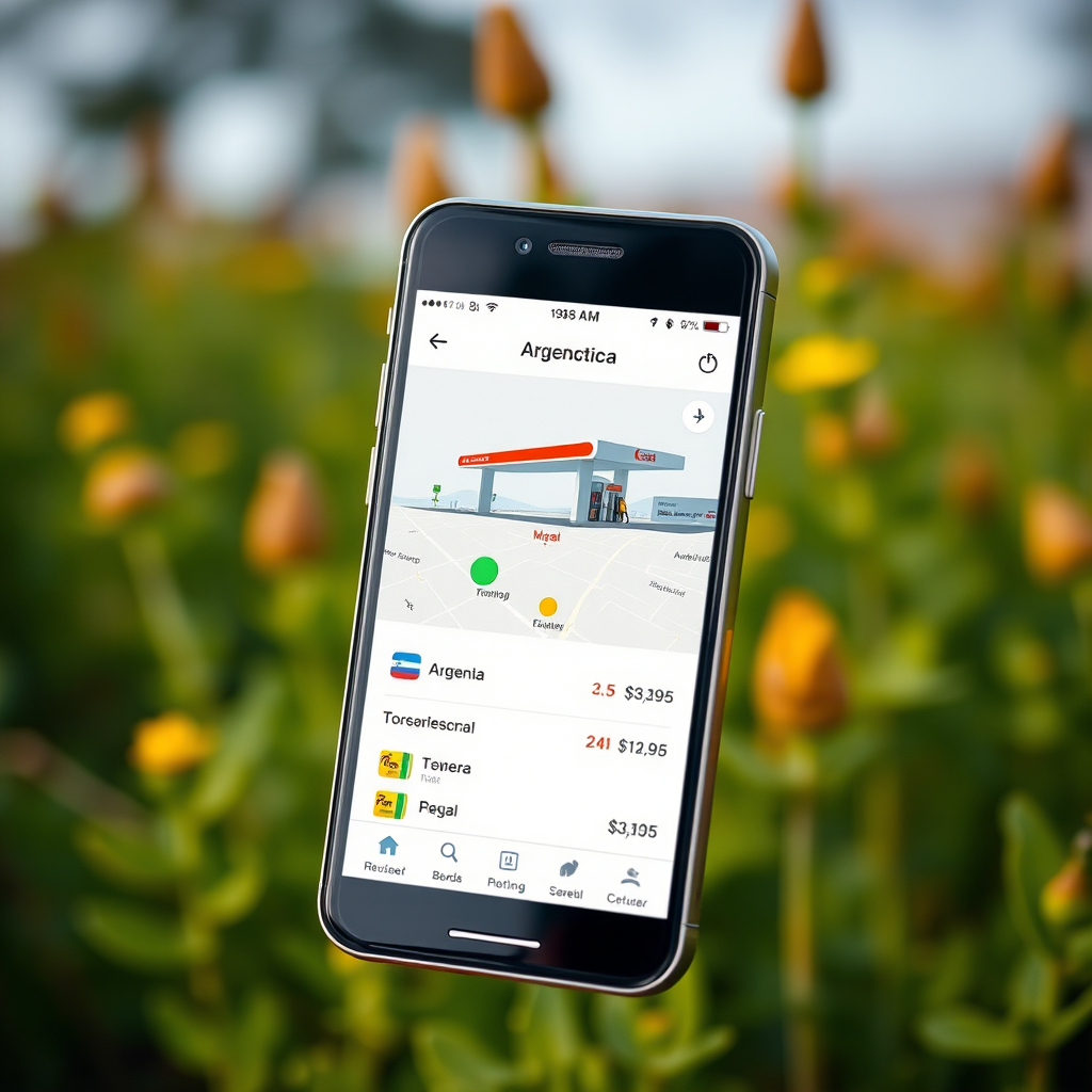 Smartphone mostrando aplicación móvil de estación de servicio argentina con mapa de ubicaciones y precios de combustible