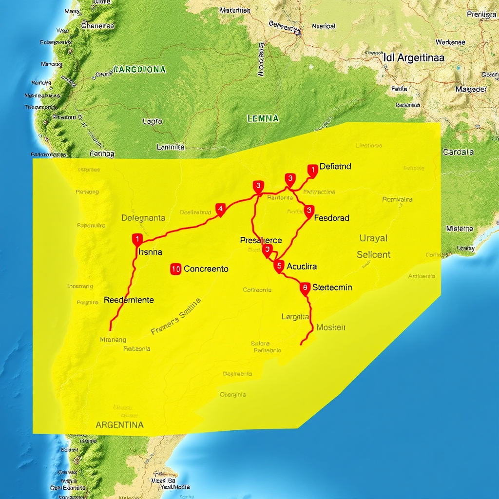 Mapa de rutas argentinas con estaciones de servicio marcadas y superposición de optimización de rutas mostrando la planificación eficiente del combustible
