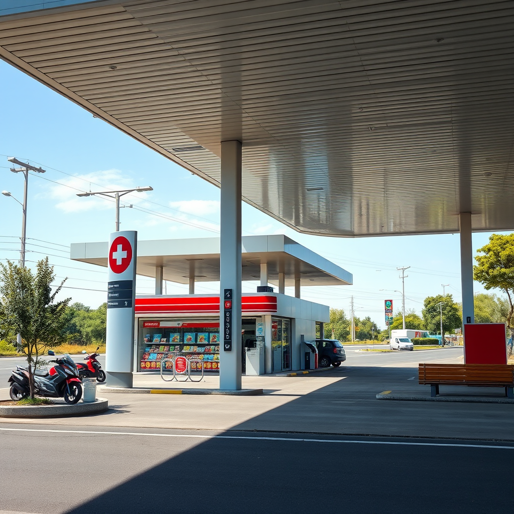 Estación de servicio moderna y limpia con tienda de conveniencia, área de descanso y servicios adicionales en una ruta argentina