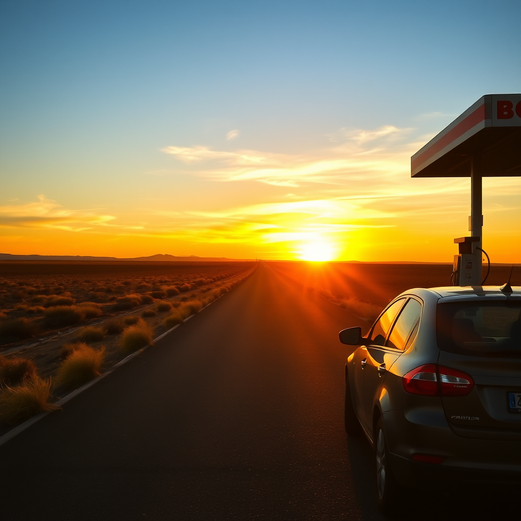 Hermoso atardecer en una ruta argentina con un automóvil estacionado junto a una estación de servicio, mostrando el paisaje típico de la pampa con cielos amplios y colores dorados del atardecer