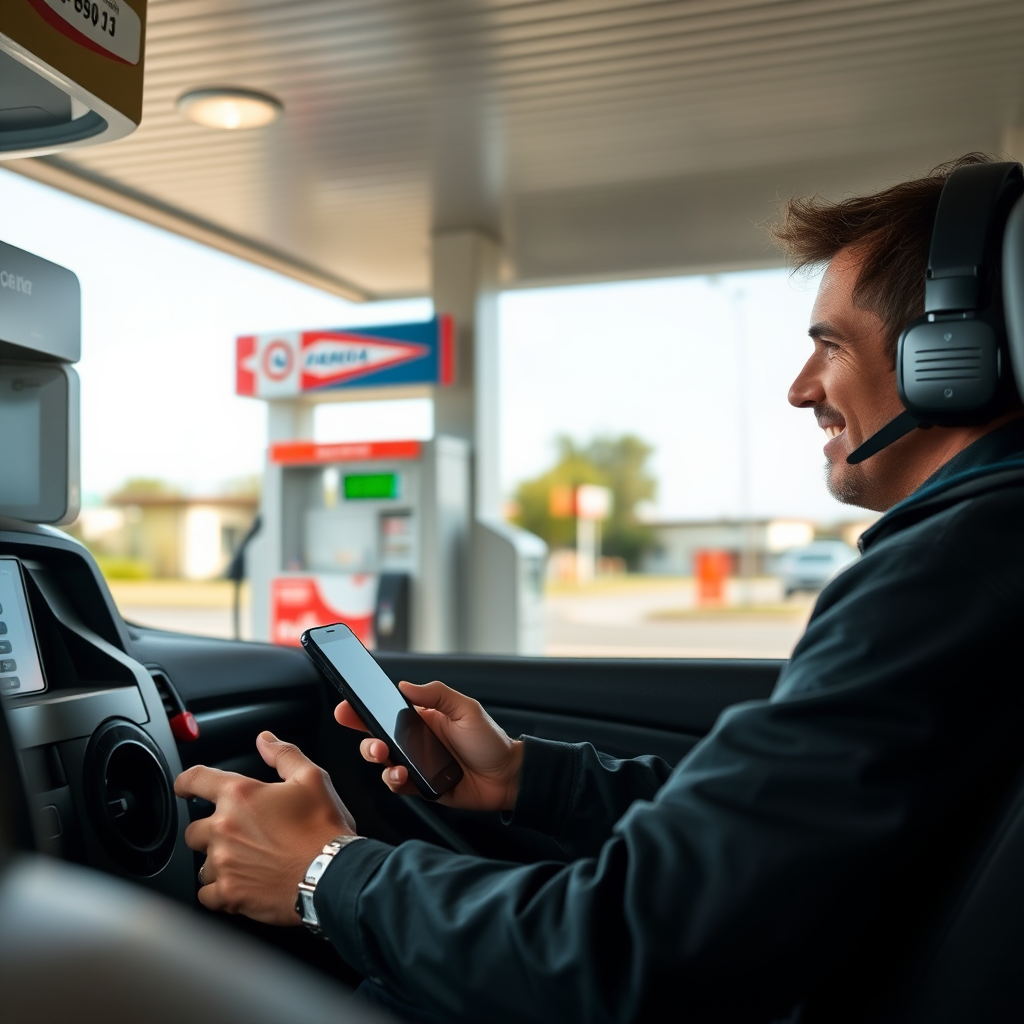 Conductor sonriente usando smartphone para pagar combustible en moderna estación de servicio argentina