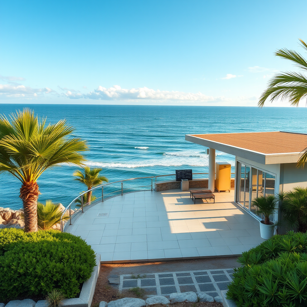 Estación de servicio costera con vista al océano Atlántico, terraza para descanso y instalaciones modernas frente al mar