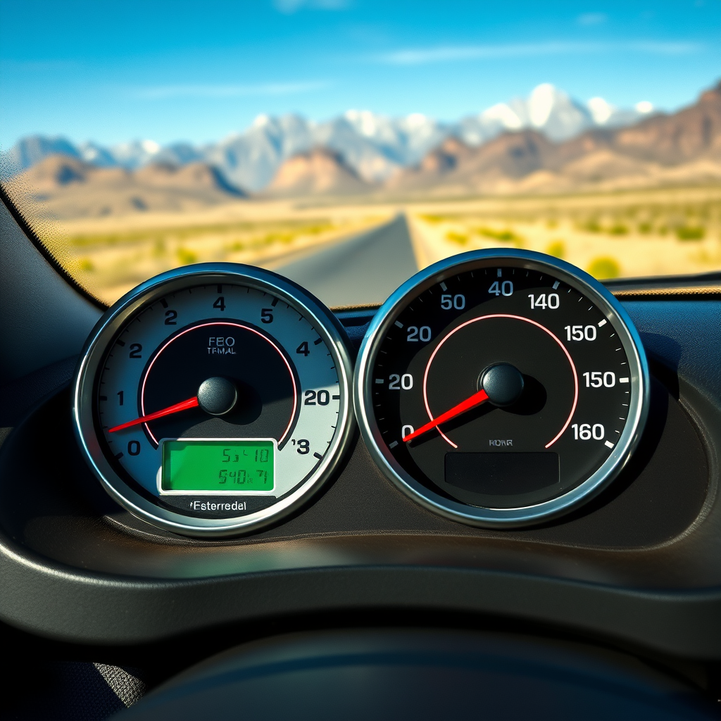 Medidor de combustible y velocímetro de un automóvil mostrando consumo eficiente con paisaje argentino de fondo