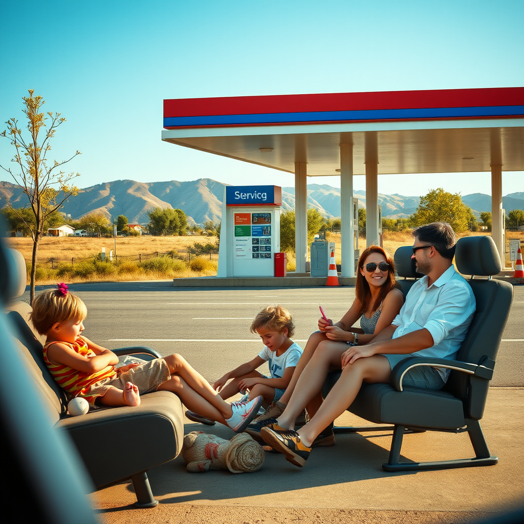 Familia argentina descansando en una estación de servicio moderna durante un viaje por ruta, con niños jugando y padres relajándose